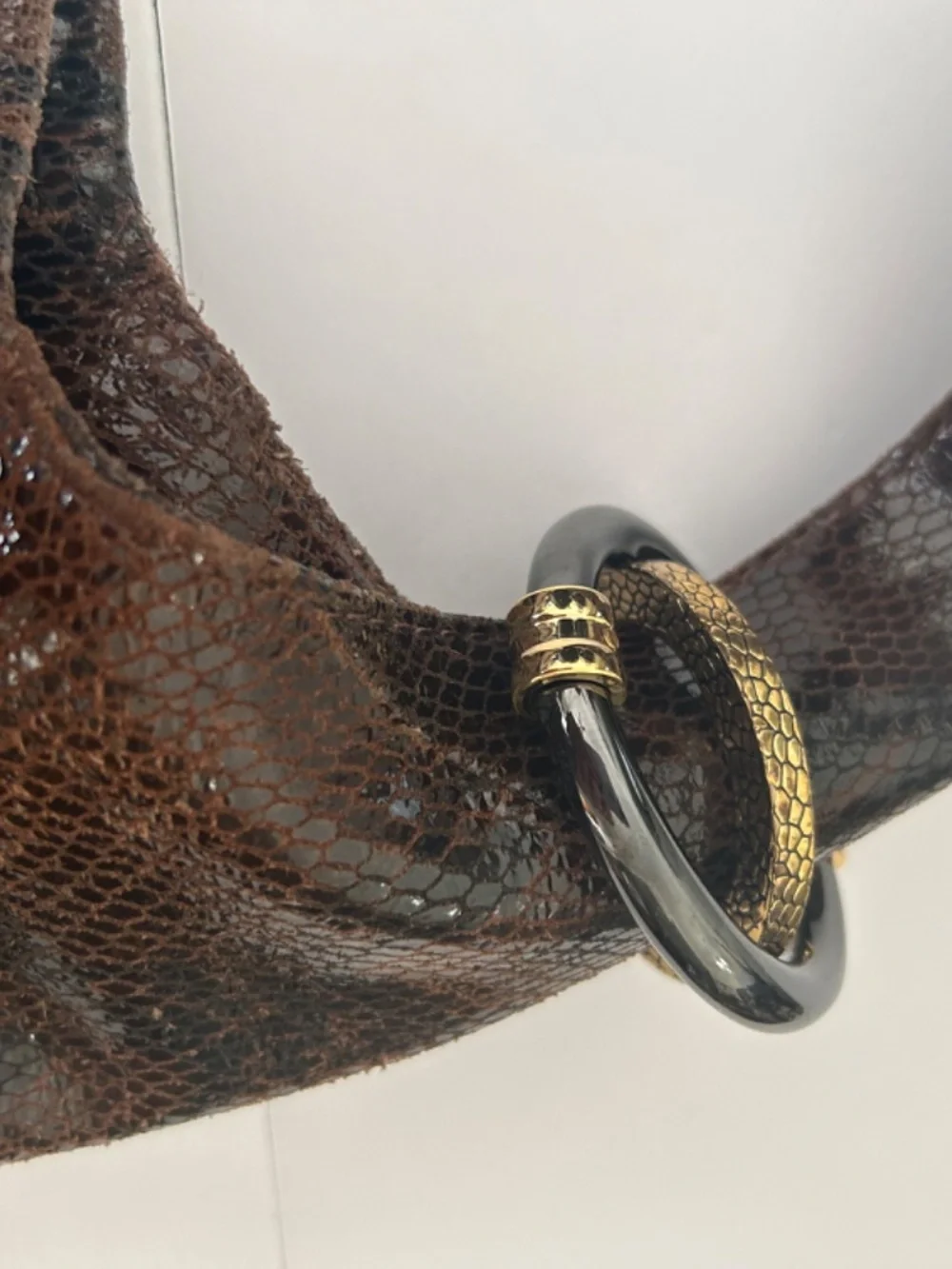 Kate Landry Leather Snake Print Large Hobo Handbag Black and Brown Boho Chic